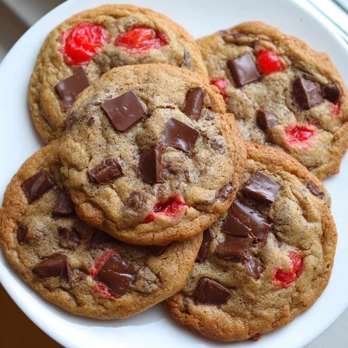 Homemade maraschino cherry chocolate chip cookies on a wooden board, featuring tender dough dotted with semi-sweet chips and chopped cherries