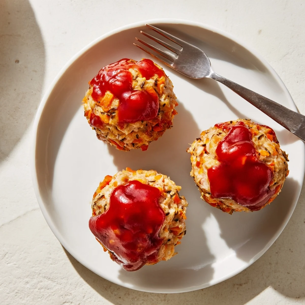 Golden turkey meatloaf muffins glazed with ketchup, fresh from the oven in a muffin tin