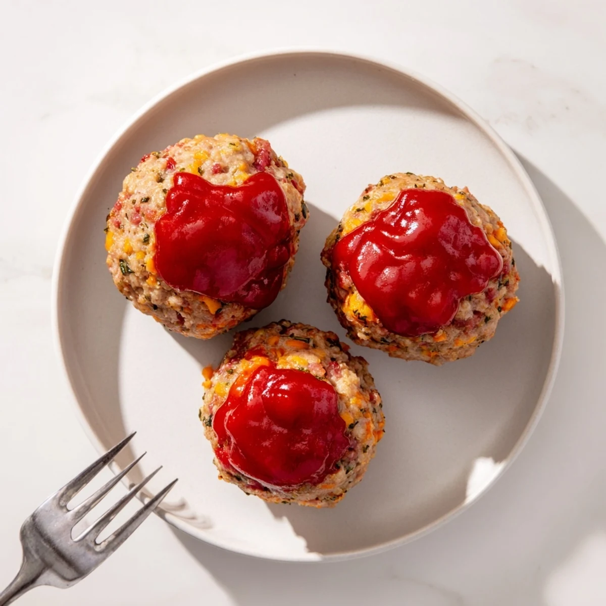 Healthy portion-controlled turkey meatloaf muffins topped with glossy ketchup and baked to golden perfection