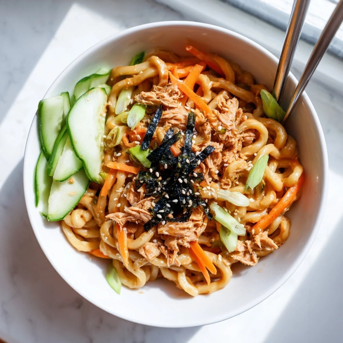 Thick udon noodles coated in spicy tuna sauce with colorful julienned carrots and crisp cucumber slices