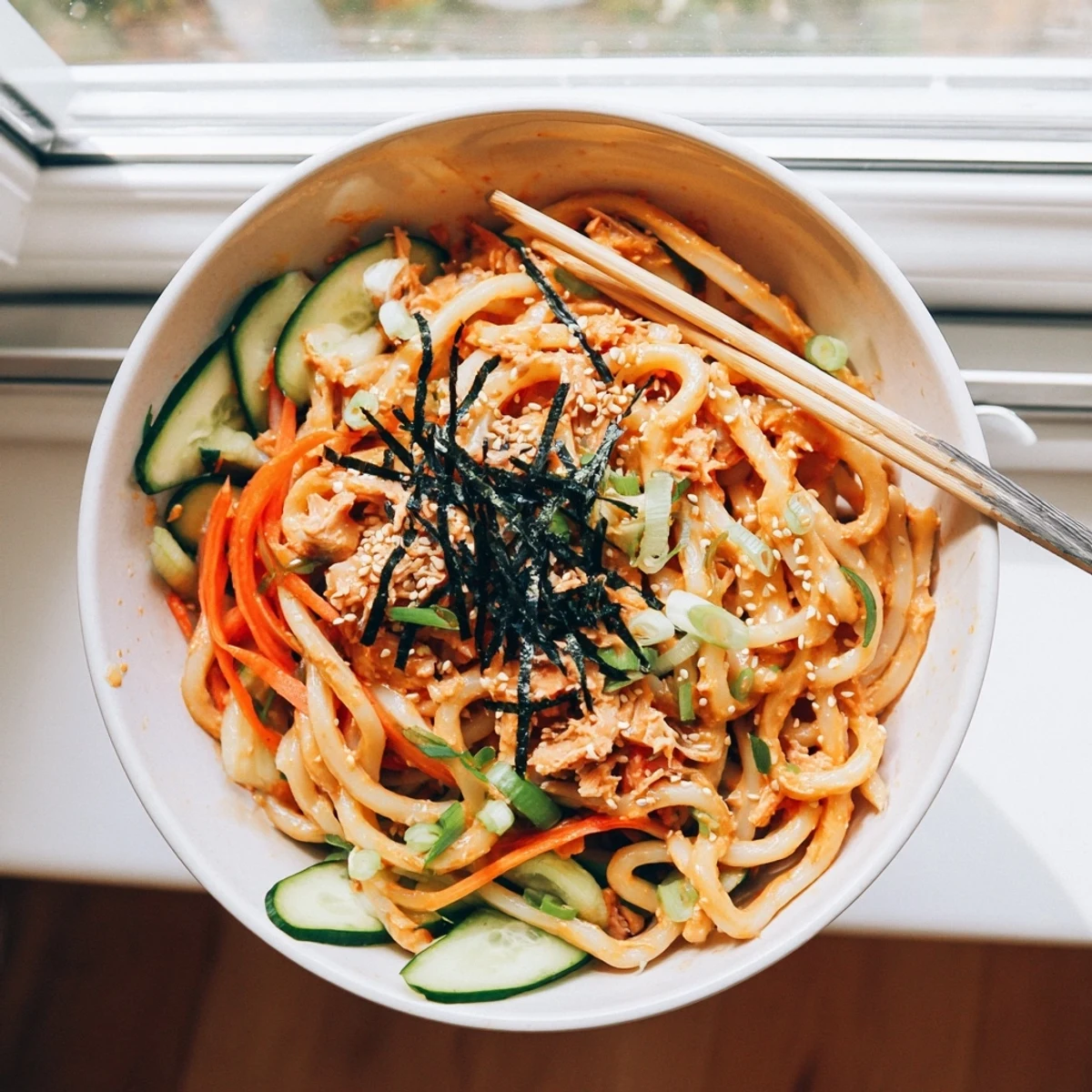 Savory tuna and creamy Sriracha mayonnaise sauce tossed through chewy udon noodles with vibrant vegetable garnishes