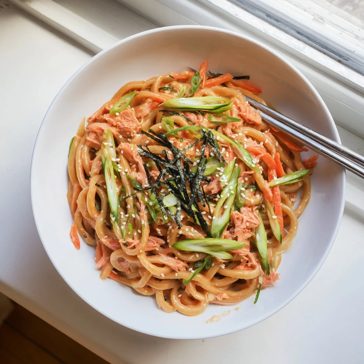 Japanese-style Spicy Tuna Udon served in a bowl topped with sesame seeds, nori, and fresh spring onions