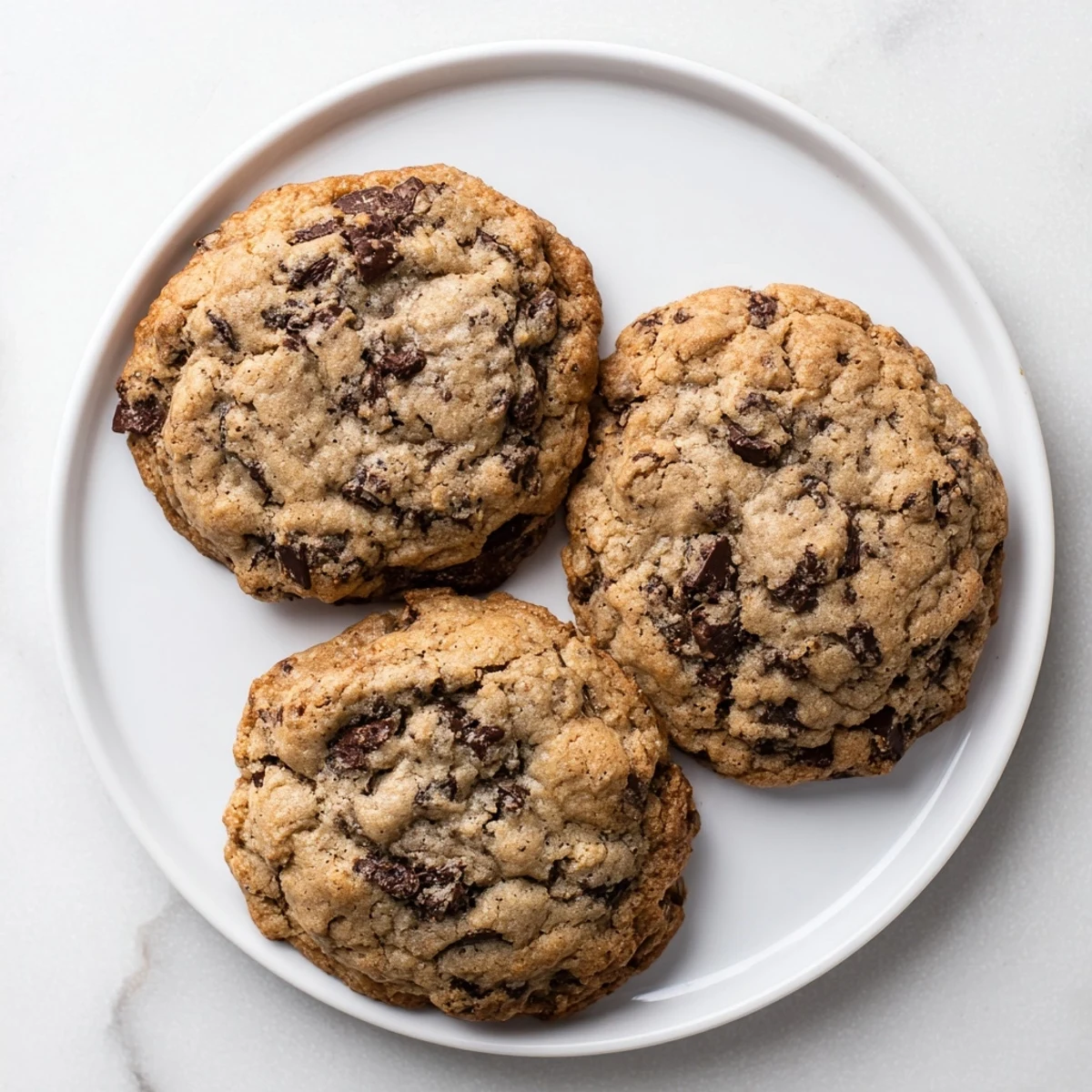 Thick soft-baked chocolate chip cookies stacked high on a white serving platter
