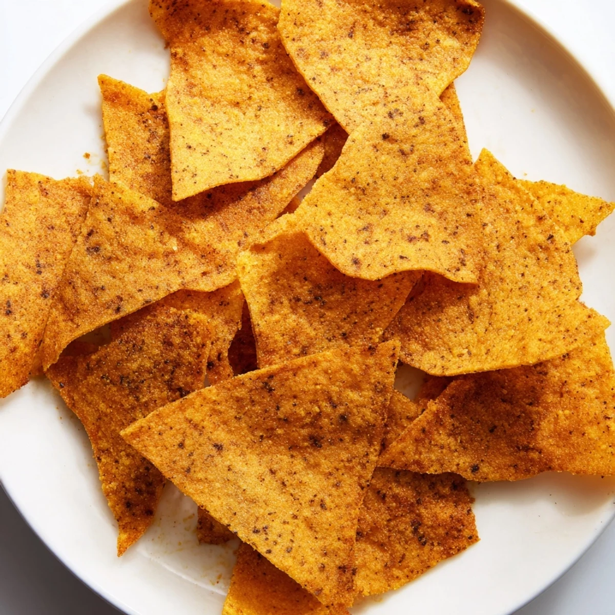 Handful of savory gluten-free chickpea chips scattered beside a bowl of creamy hummus