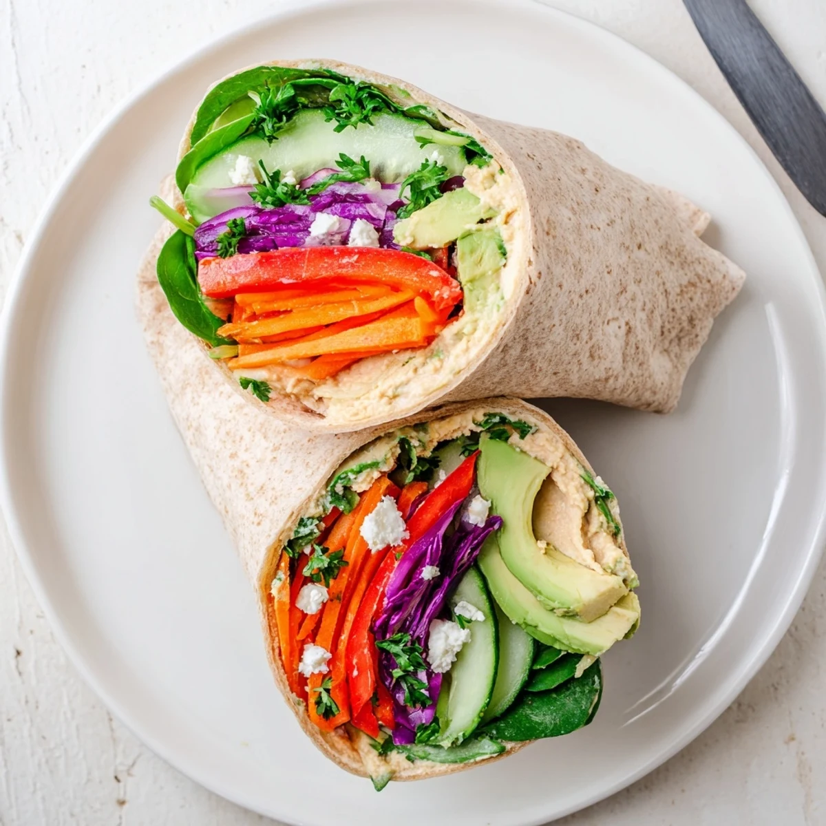 Fresh hummus veggie wrap rolled with crisp red peppers, cucumber, carrots, and purple cabbage