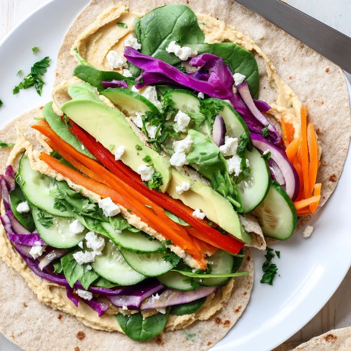 Healthy hummus veggie wrap with spinach, bell peppers, and avocado ready for a nutritious lunch