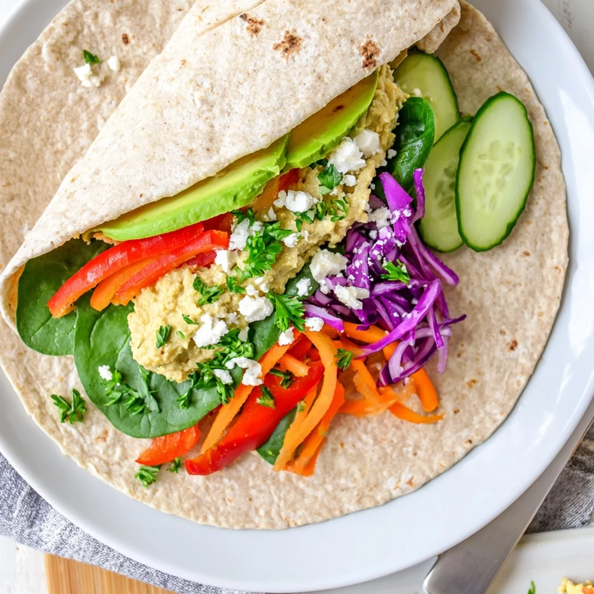 Mediterranean hummus veggie wrap sliced diagonally displaying colorful layers of fresh vegetables and creamy spread