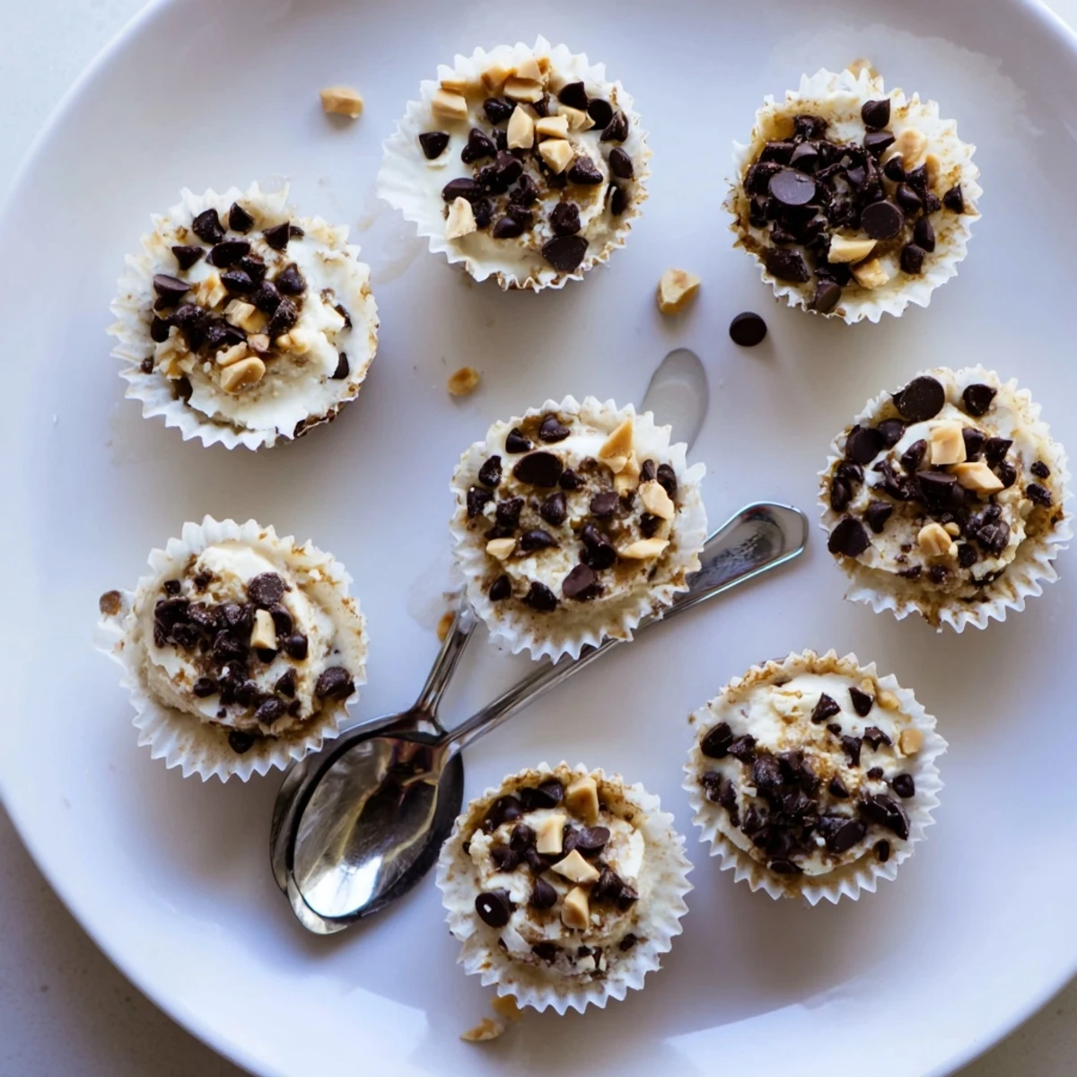 Bite-sized frozen peanut butter Greek yogurt treats sprinkled with chocolate chips on a white plate