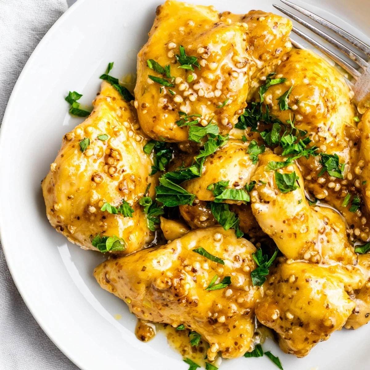 Golden oven baked honey mustard chicken breasts glazed with sticky sweet and tangy sauce