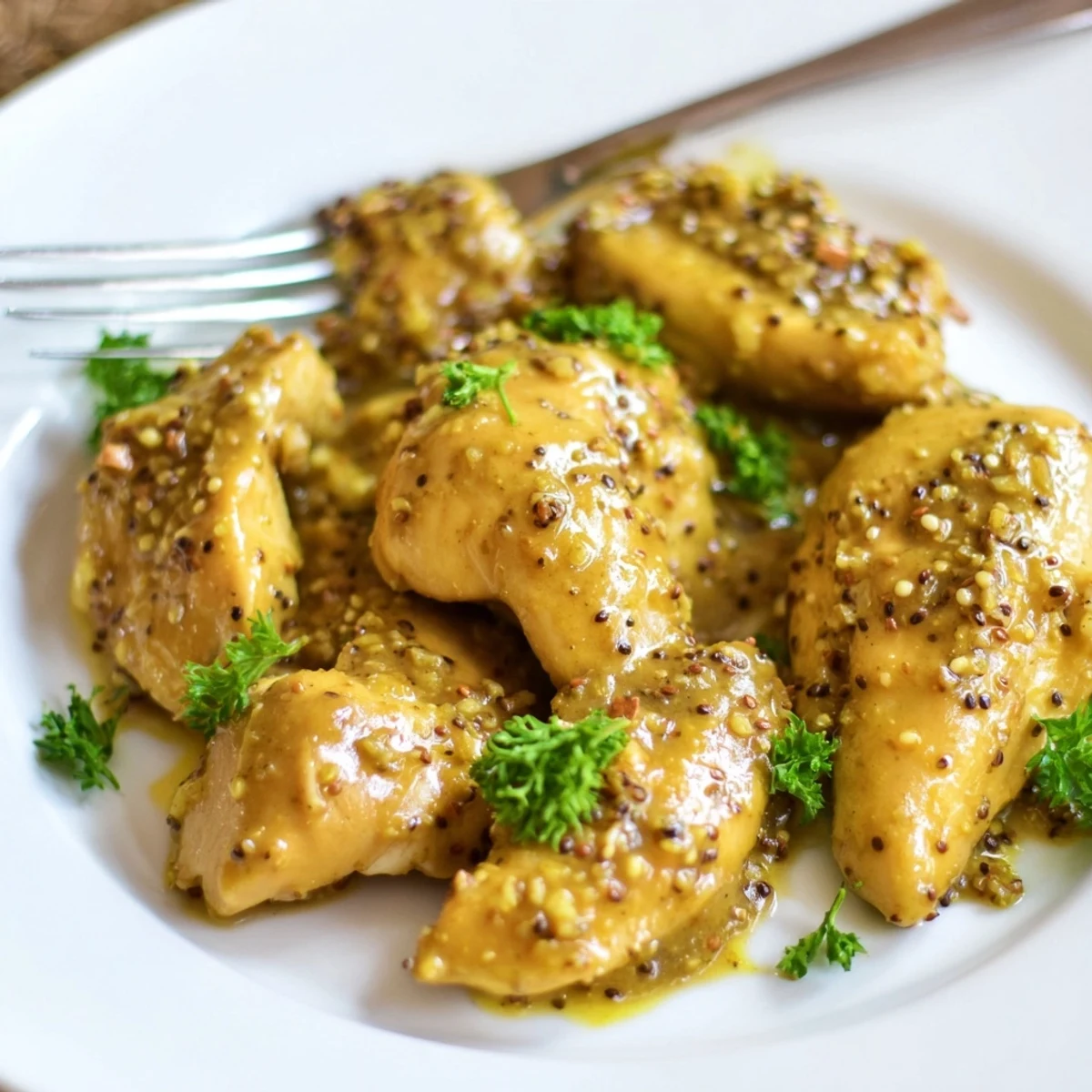 Juicy oven baked honey mustard chicken served fresh from the baking dish with parsley garnish