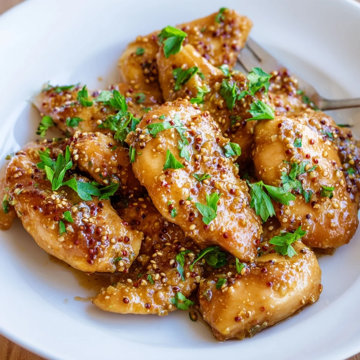 Tender chicken pieces coated in rich honey mustard glaze after baking to golden perfection