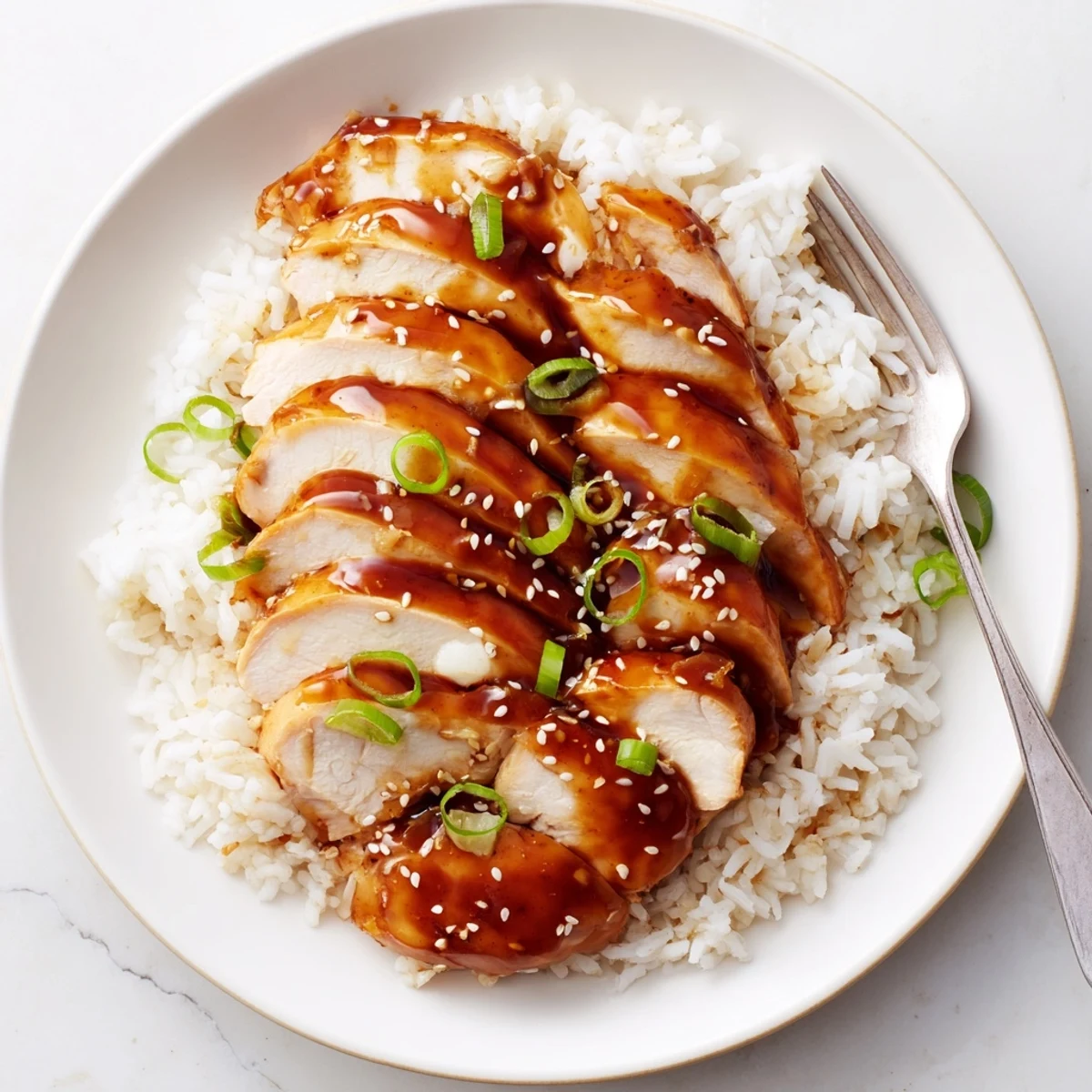 Hawaiian Chicken With Coconut Rice plated with glossy pineapple glaze and green onions