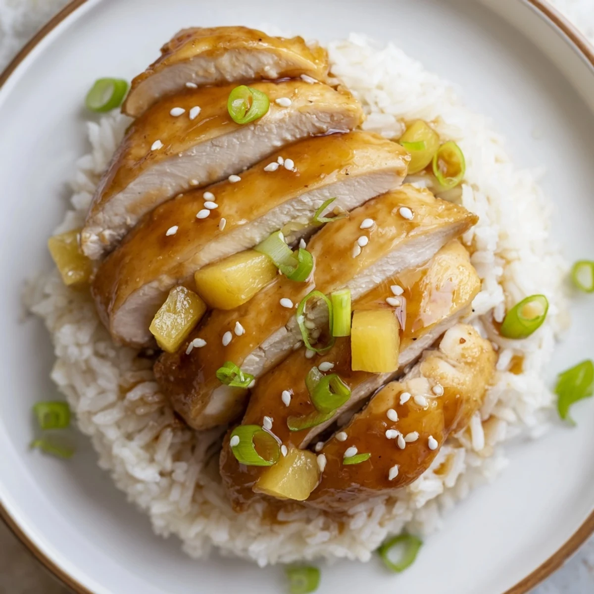Sliced Hawaiian Chicken With Coconut Rice drizzled with tangy sauce, garnished with sesame
