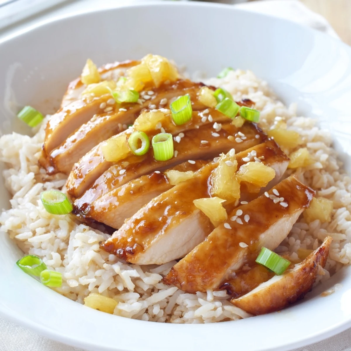 Grilled Hawaiian Chicken With Coconut Rice served on a sunny plate, tropical aroma