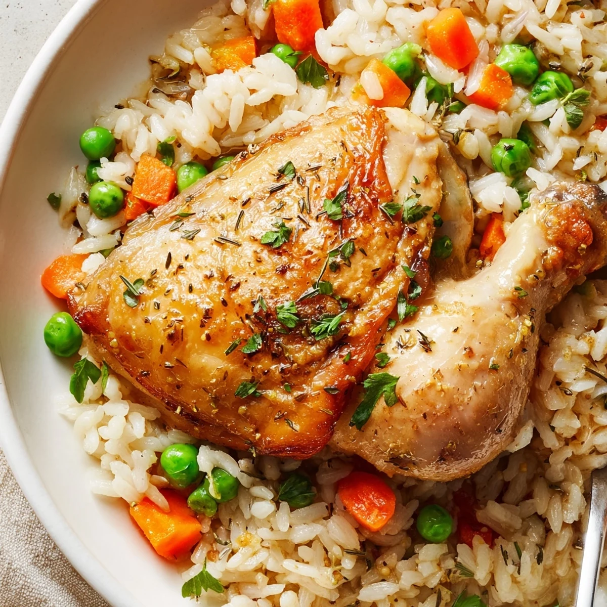 Slow Cooker Lemon Herb Chicken And Rice with tender thighs, fluffy lemon-scented rice