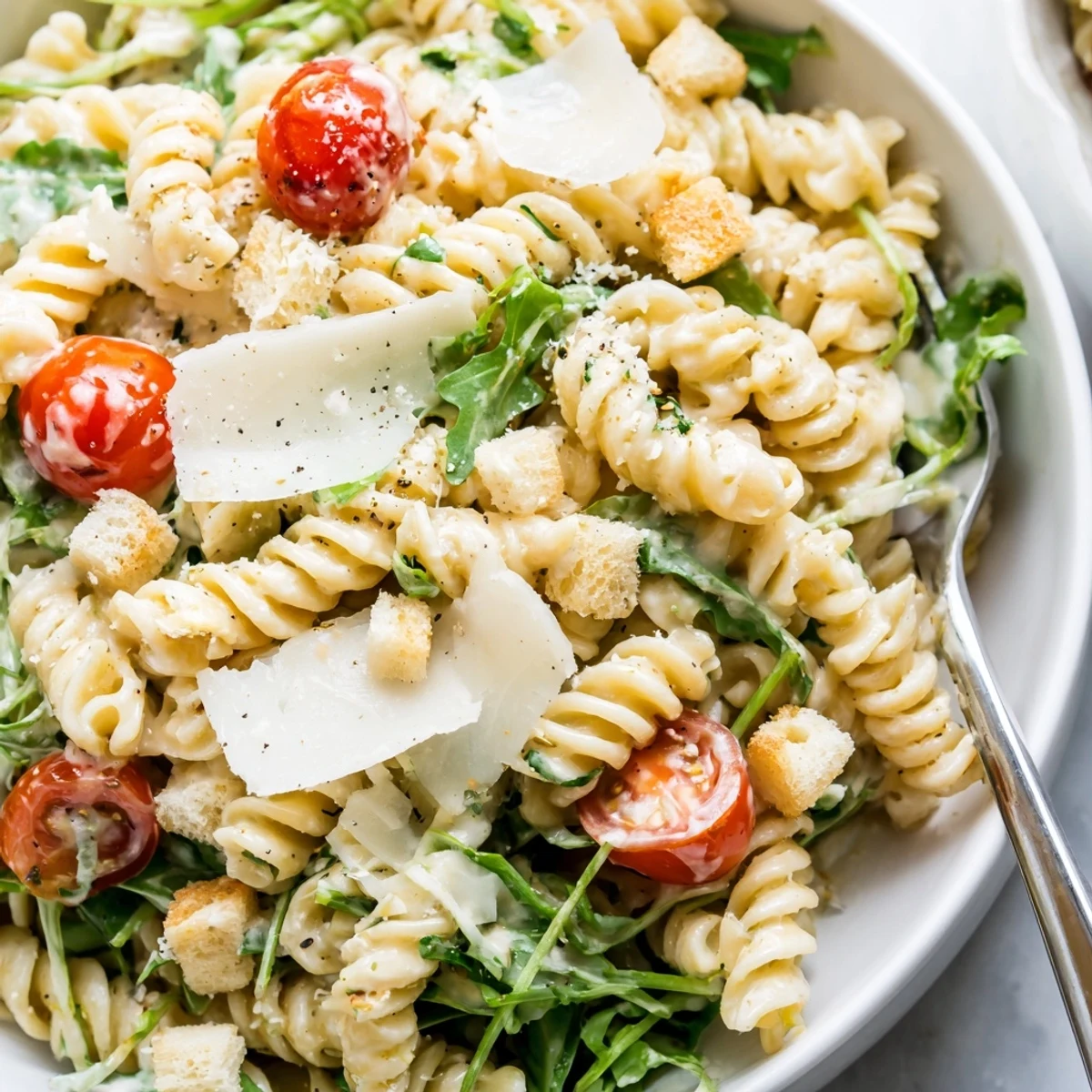 Chilled Arugula Pasta Caesar Salad served as hearty lunch, lemony garlic notes