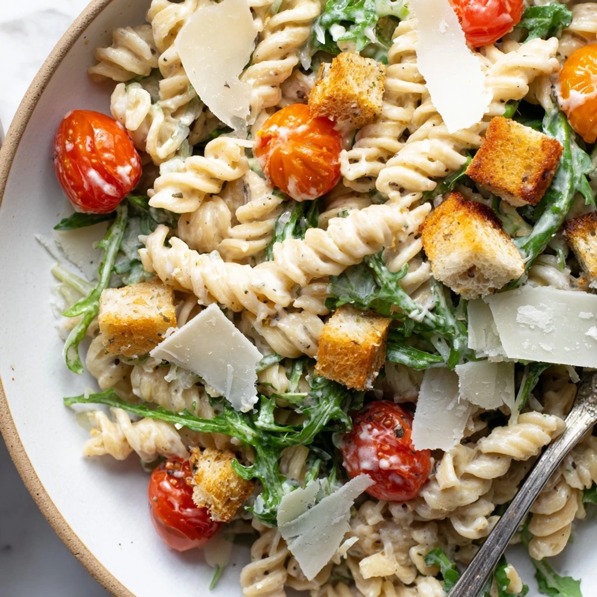 Bright Arugula Pasta Caesar Salad with peppery greens, juicy tomatoes, crunchy croutons  