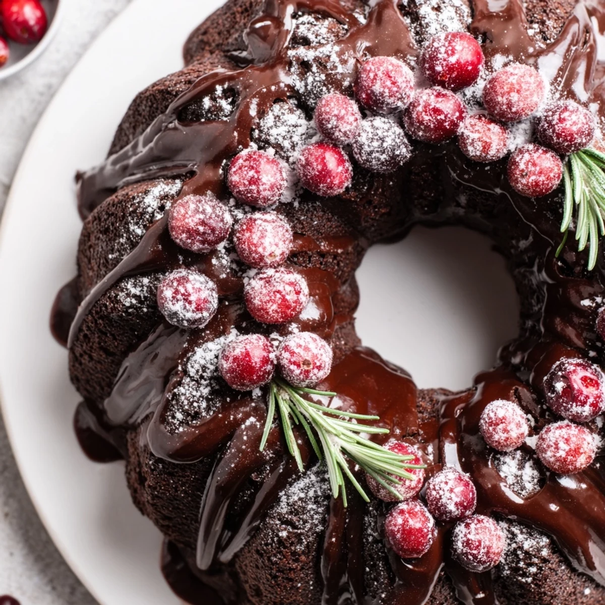 Chocolate Bundt Cake Christmas Wreath glazed with shiny chocolate, sugared cranberries, fragrant rosemary