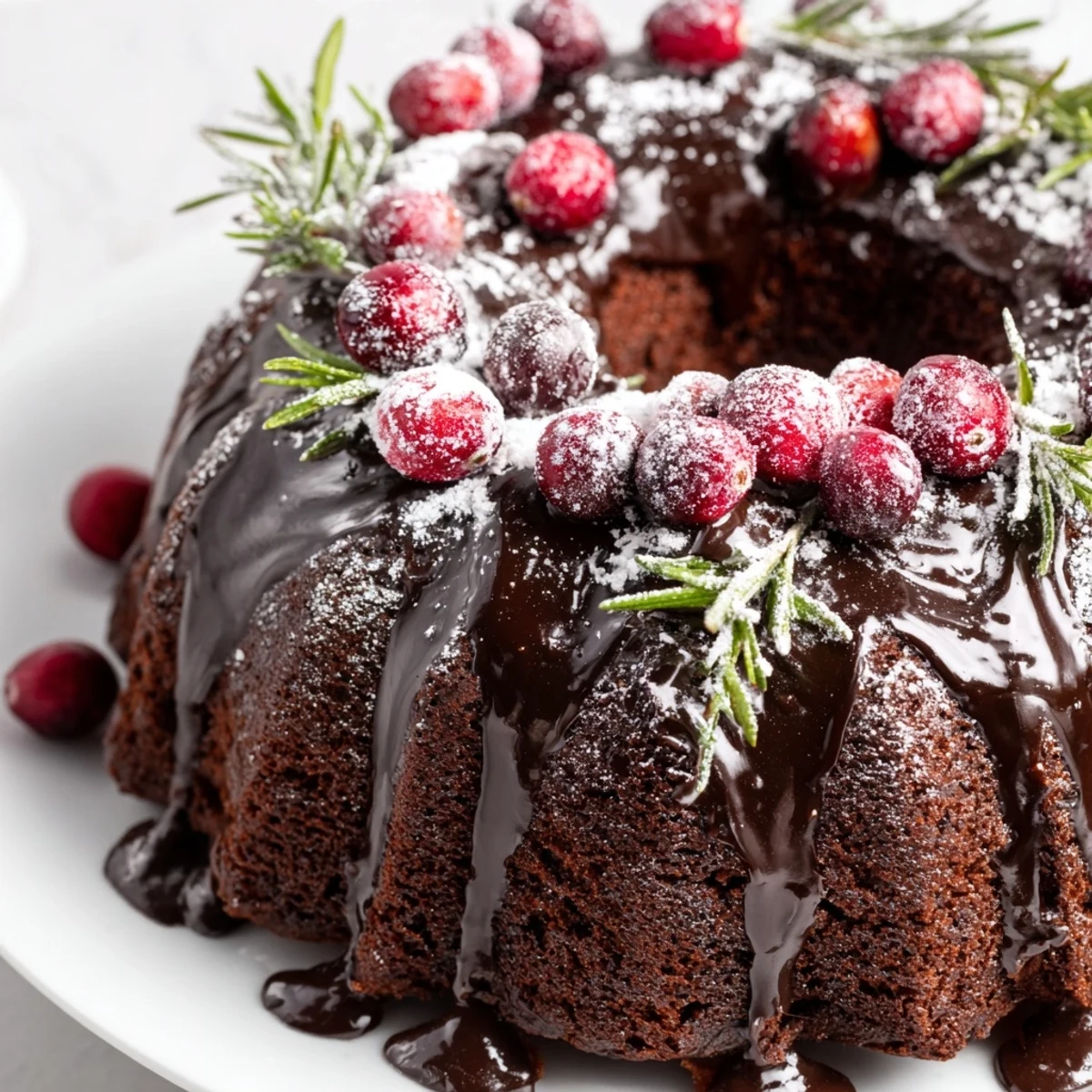 A warm slice of Chocolate Bundt Cake Christmas Wreath on plate, chocolate glaze