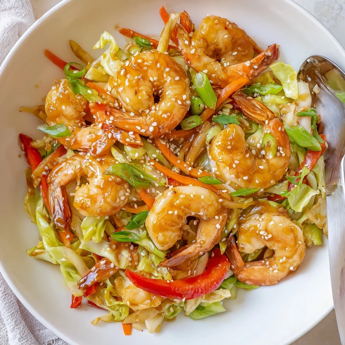Delicious Asian Shrimp And Cabbage Stir Fry sizzling in wok, garnished with sesame