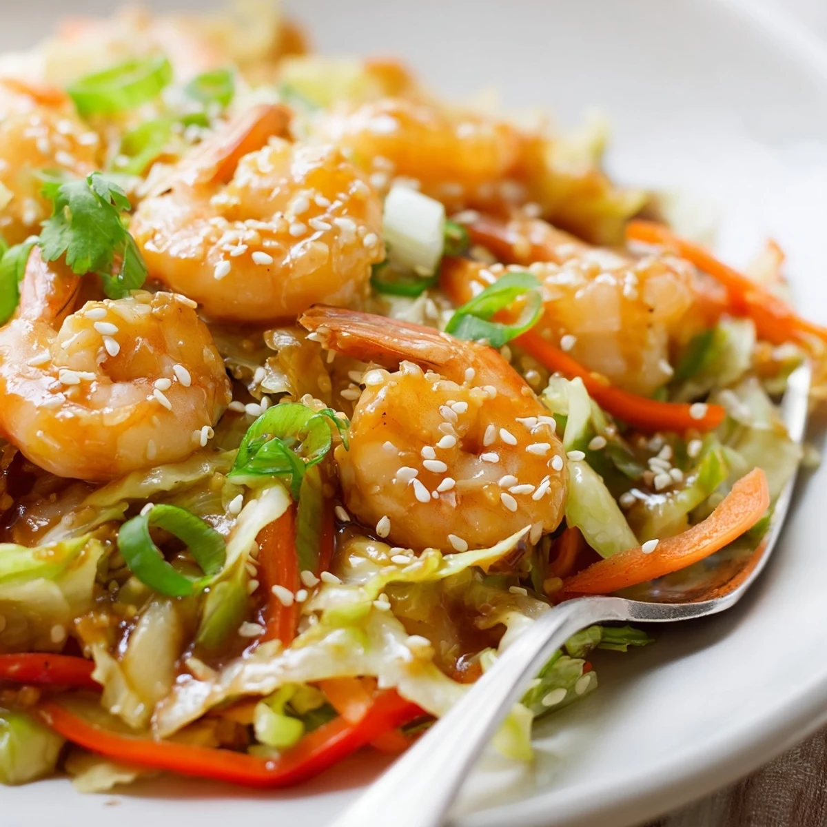 Garlicky, ginger-laced vegetables and pink shrimp in Delicious Asian Shrimp And Cabbage Stir Fry
