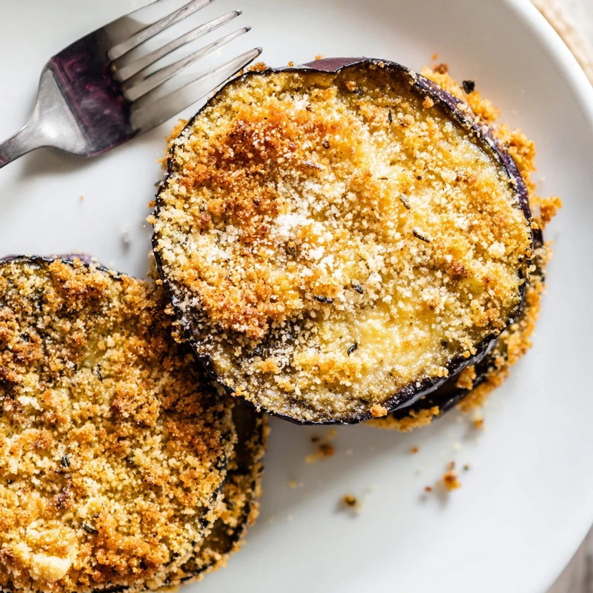 Plated Crispy Baked Eggplant with herb-seasoned crumbs, perfect appetizer or side