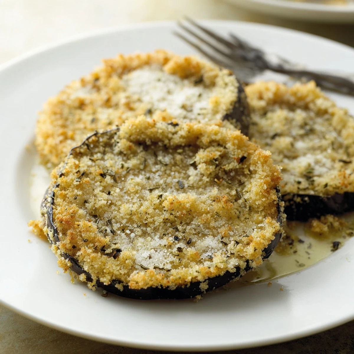 Oven-roasted Crispy Baked Eggplant rounds, Parmesan-speckled, steaming on parchment