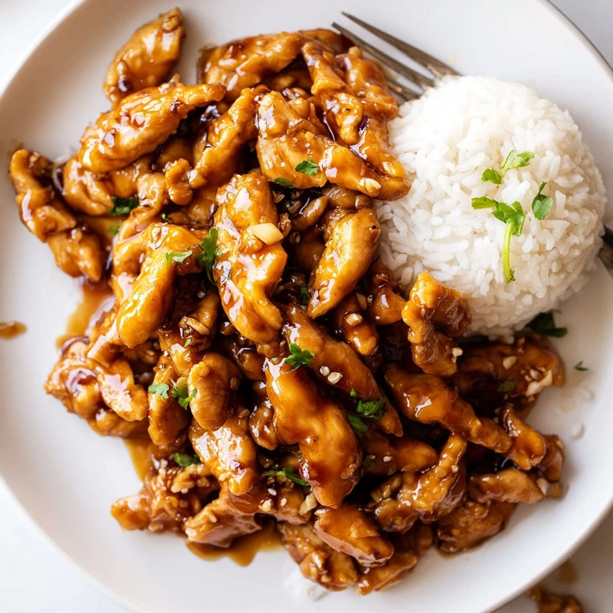 Crockpot Honey Garlic Chicken glistening in sticky sauce over steamed white rice