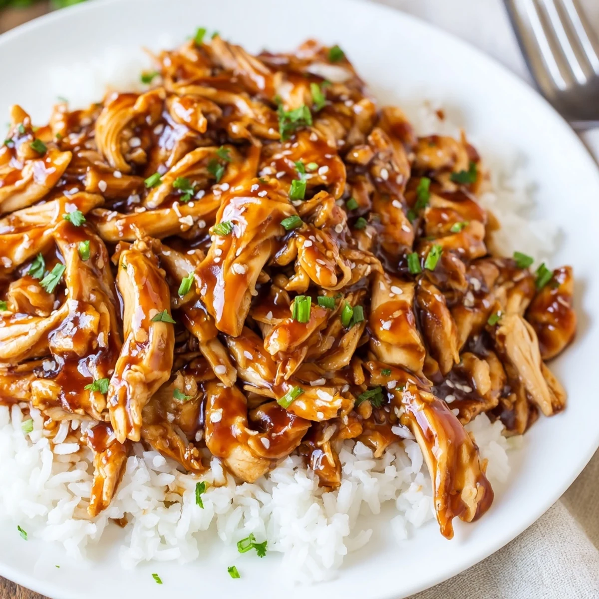 Crockpot Honey Garlic Chicken shredded and saucy, garnished with chopped green onions