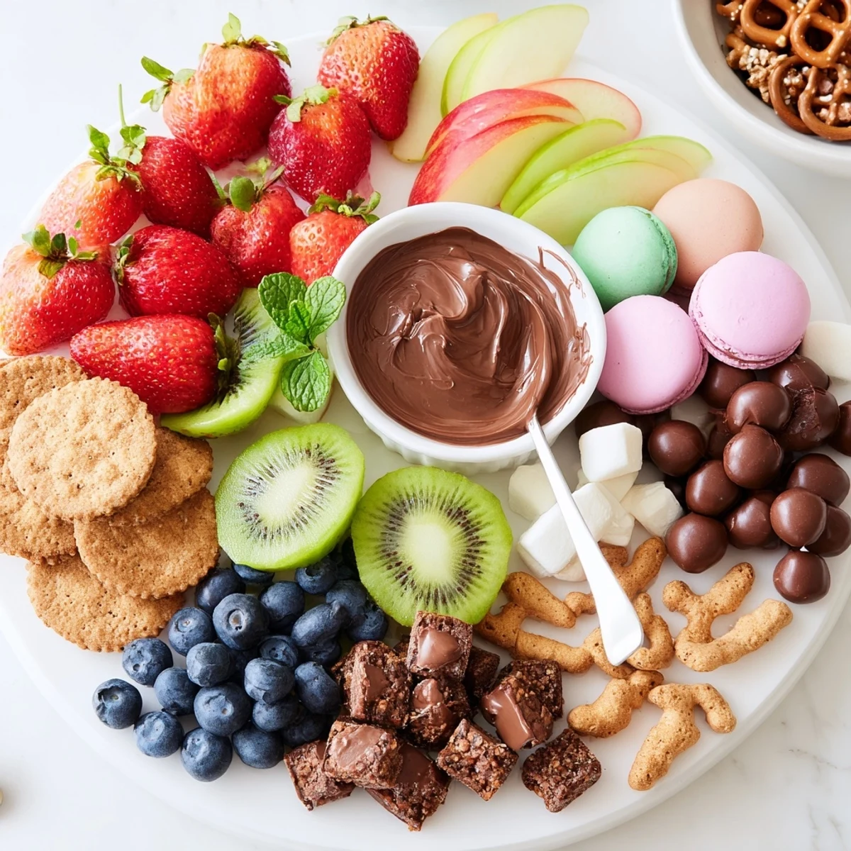 Dessert Charcuterie Board with ripe berries, chocolate bites, and dipping sauces