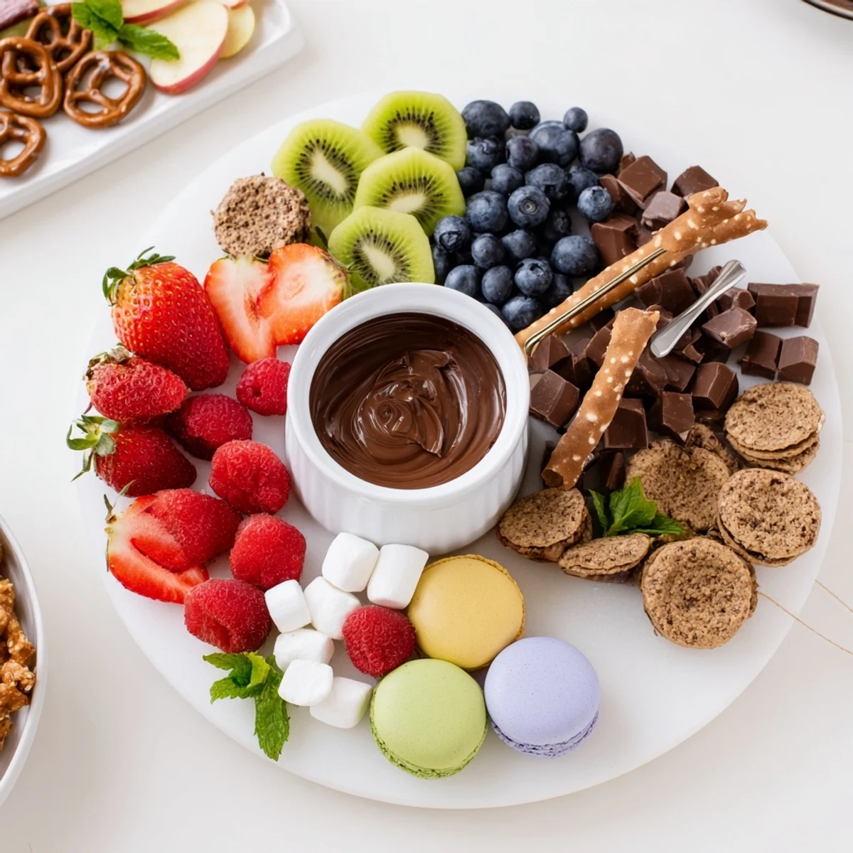 Colorful Dessert Charcuterie Board arranged for sharing at parties, garnished with mint
