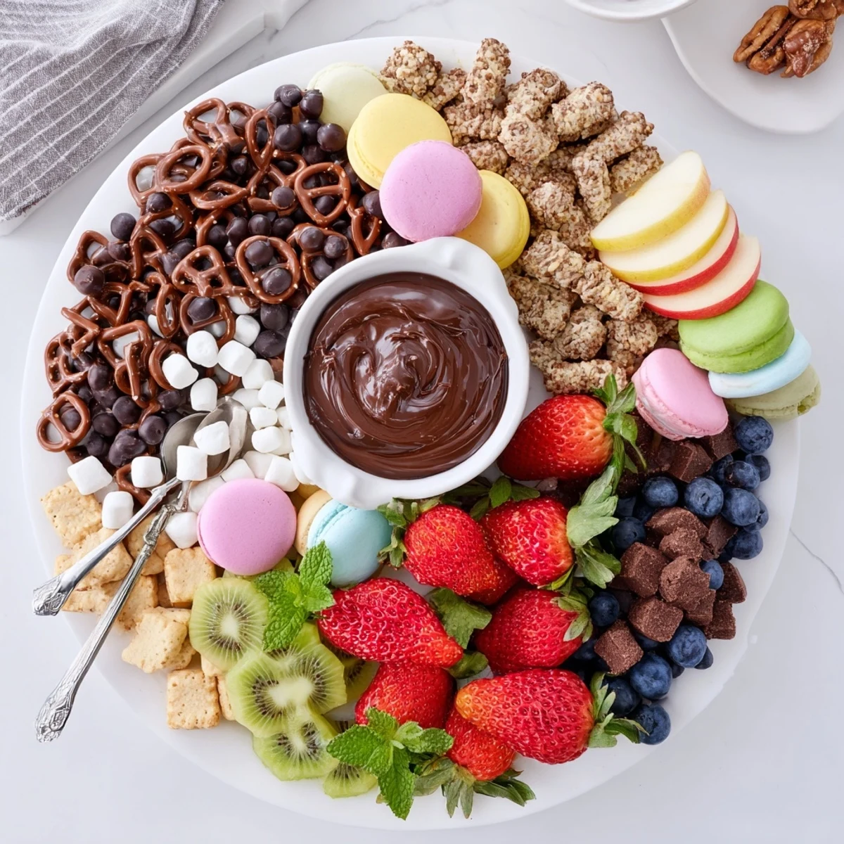 Rustic Dessert Charcuterie Board featuring sliced apples, macarons, salted caramel dip