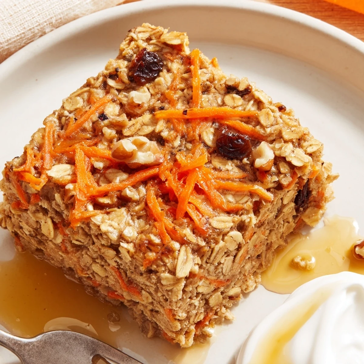 Warm Carrot Cake Baked Oatmeal, golden top, cinnamon aroma, served with yogurt