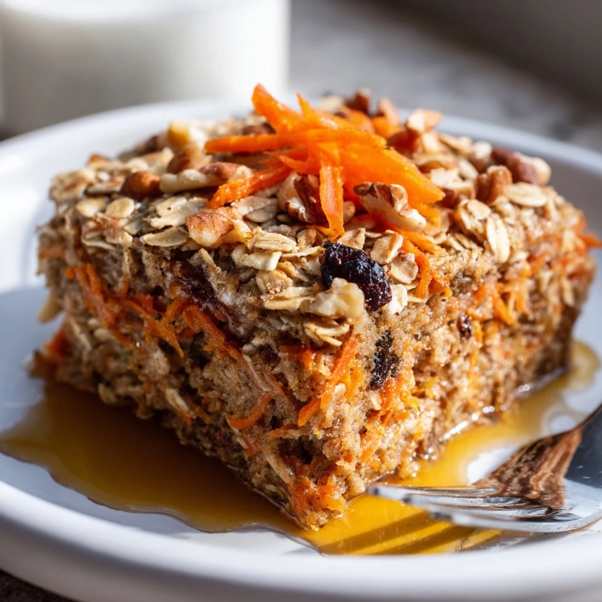 Slices of Carrot Cake Baked Oatmeal on plate, maple drizzle glistening
