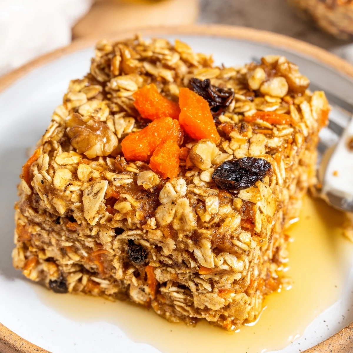 Fresh from the oven Carrot Cake Baked Oatmeal cooling in dish, raisins and walnuts