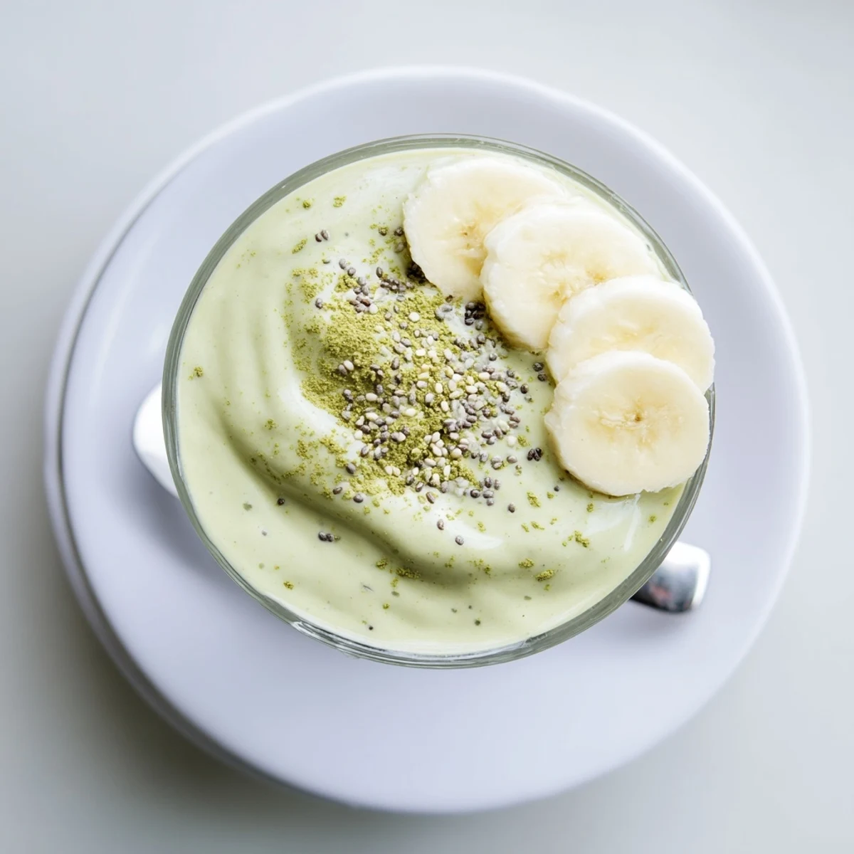 Refreshing Matcha Smoothie topped with chia seeds, chilled and energizing.