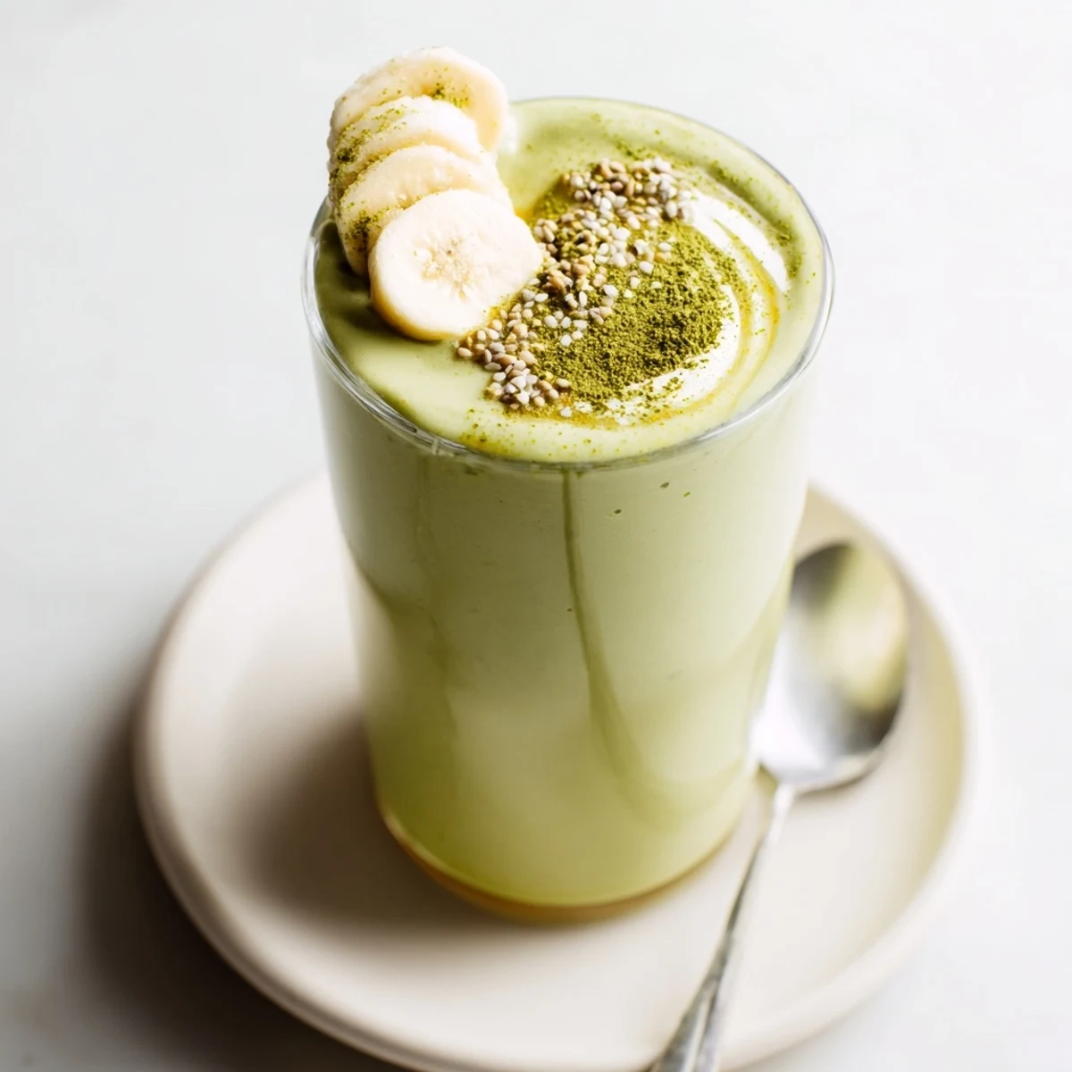 Matcha Smoothie in tall glass, creamy green swirl, banana scent.