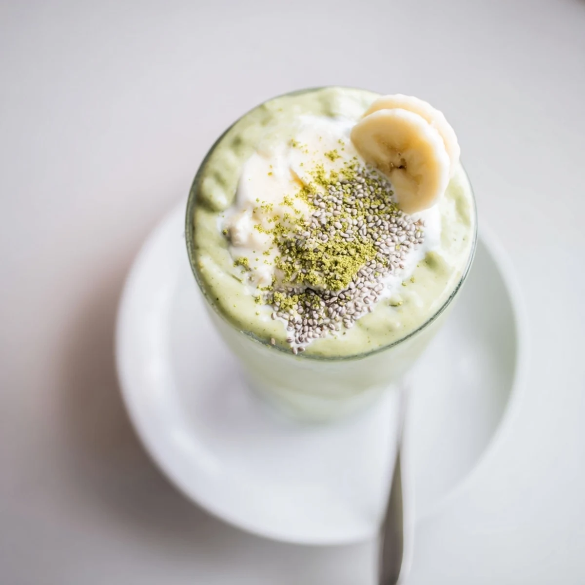 Vibrant Matcha Smoothie blended with banana and almond milk, silky texture.