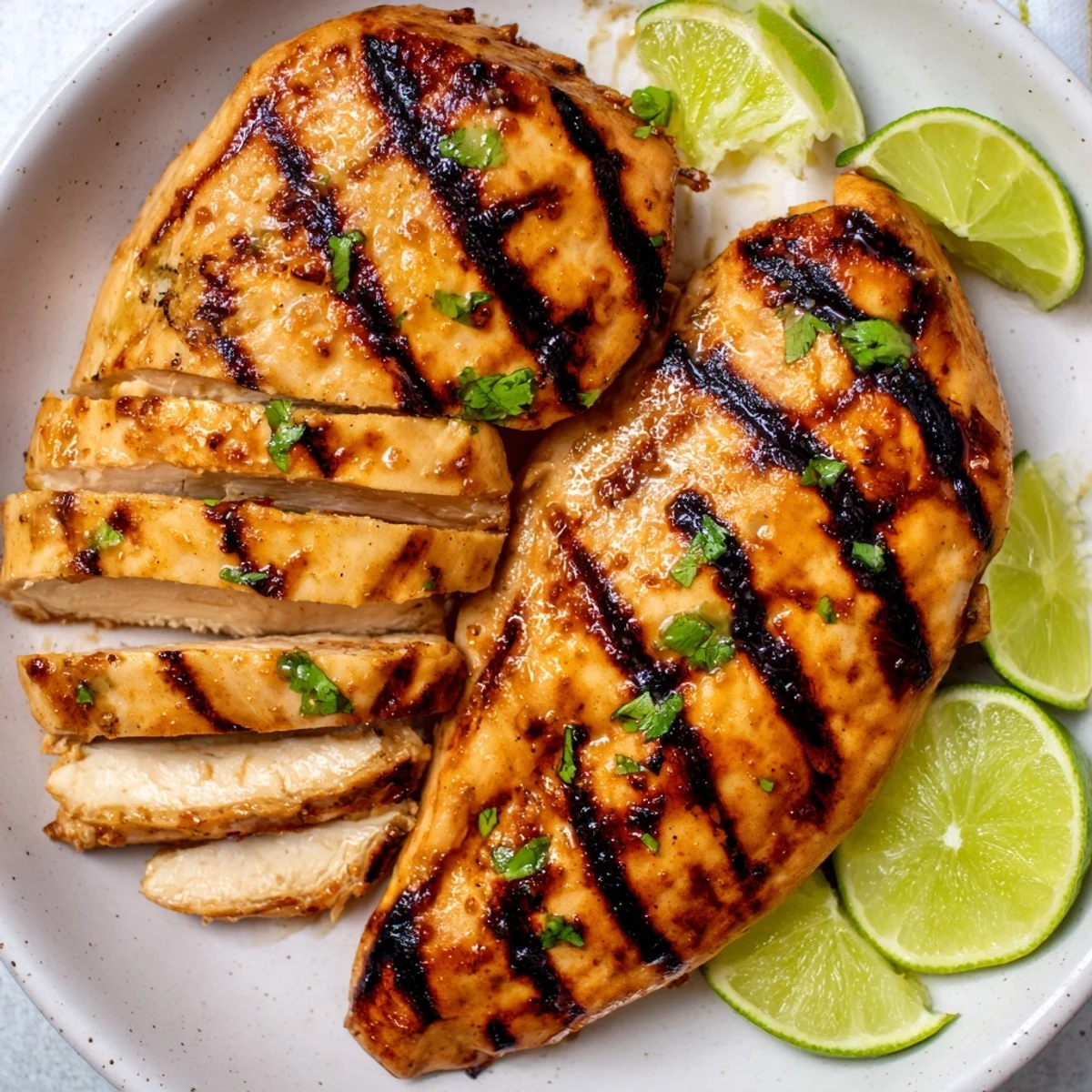 Key West Grilled Chicken With Tropical Citrus Marinade, charred and juicy with lime wedges