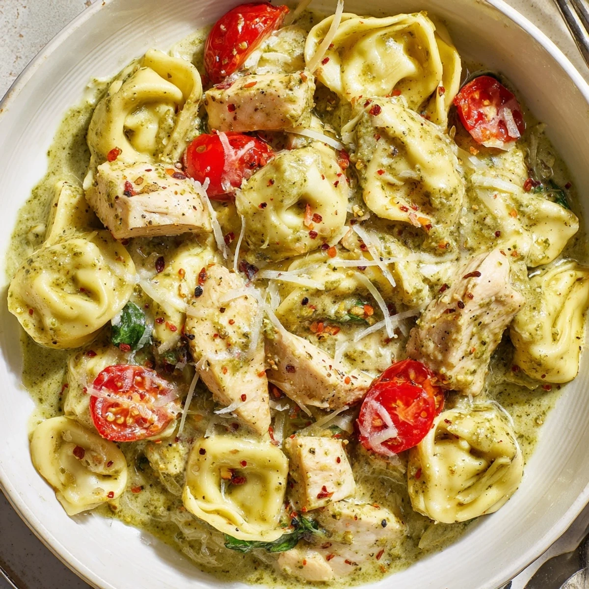 Creamy, bubbling Slow Cooker Tortellini Casserole With Cheesy Chicken Pesto, basil garnish