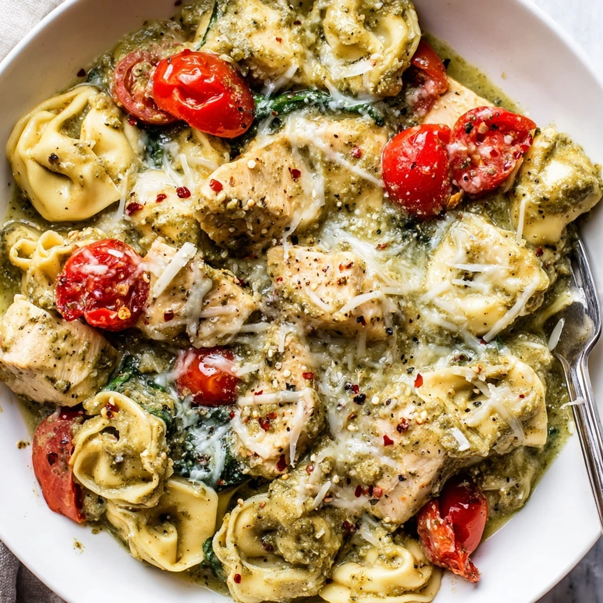 Weeknight comfort: Slow Cooker Tortellini Casserole With Cheesy Chicken Pesto, tender chicken