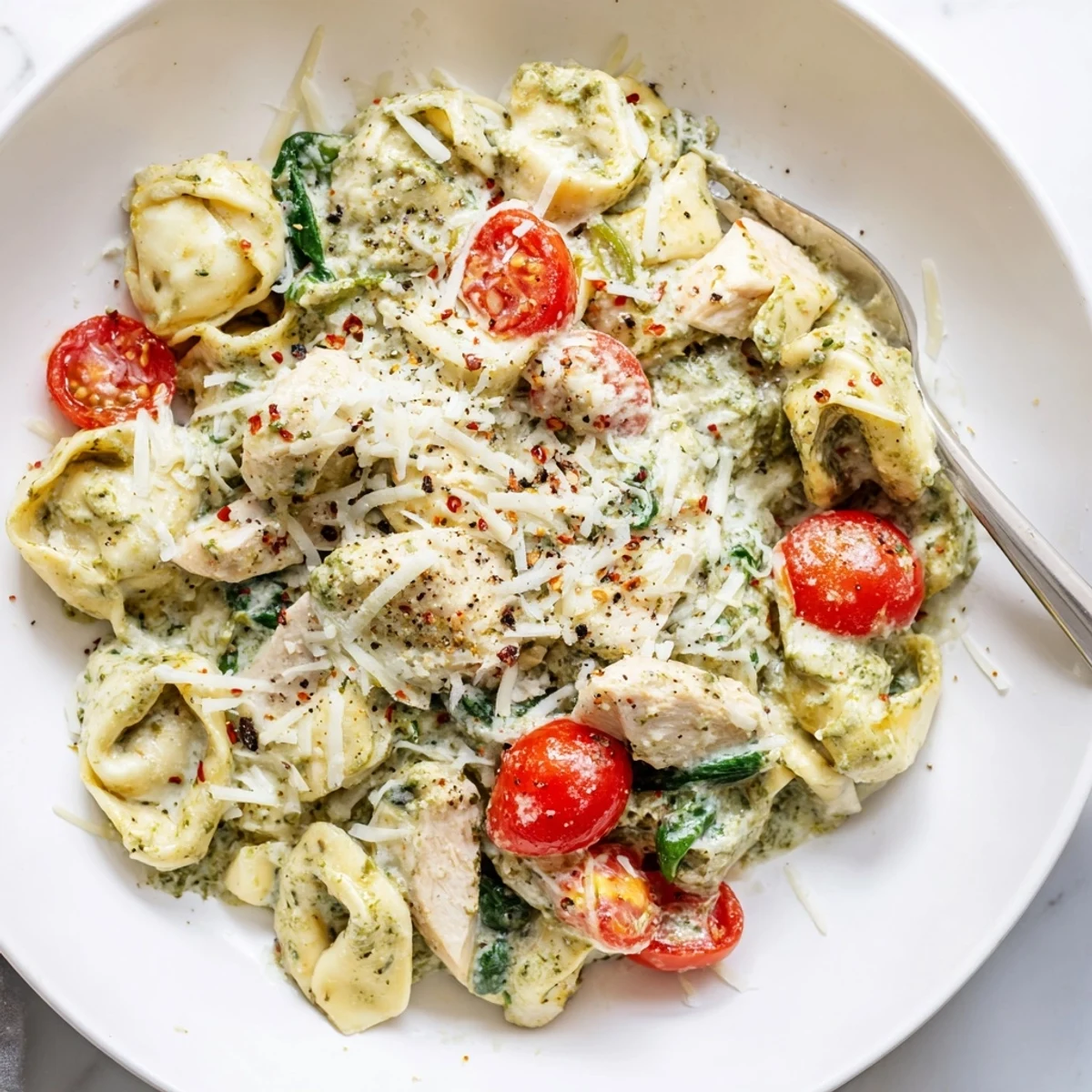 Serving-ready Slow Cooker Tortellini Casserole With Cheesy Chicken Pesto steaming, gooey cheese