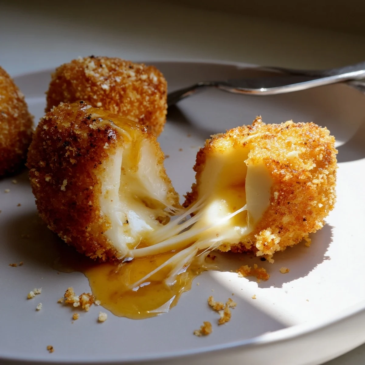 Warm Irresistible Crispy Mozzarella Poppers With Maple Glaze drizzled beside a dipping bowl