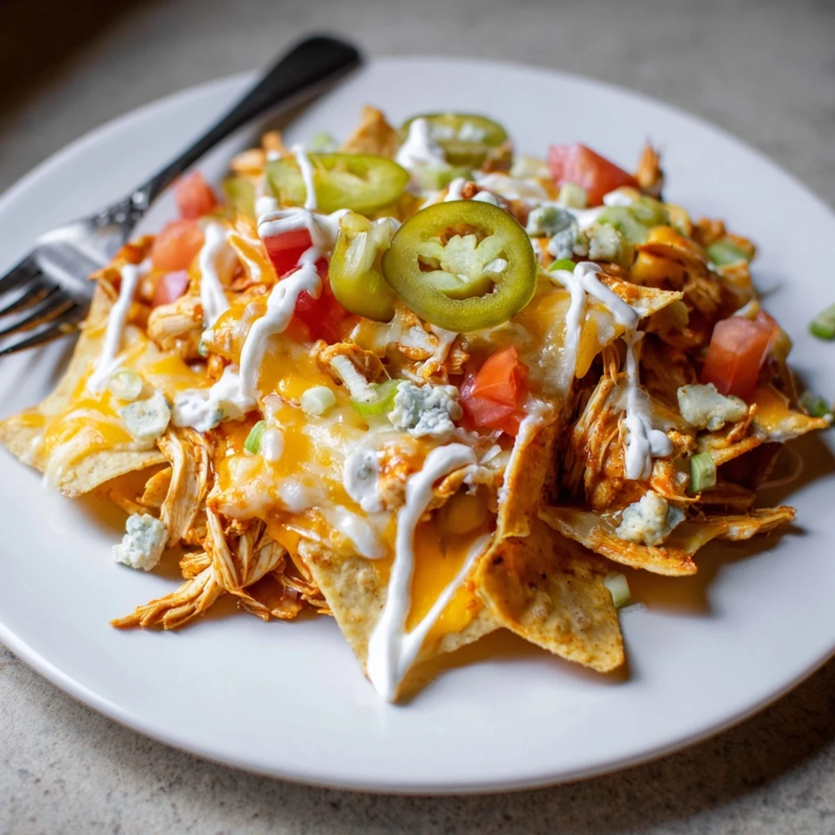 Buffalo Chicken Nachos topped with bubbling cheddar, jalapeños, and ranch drizzle