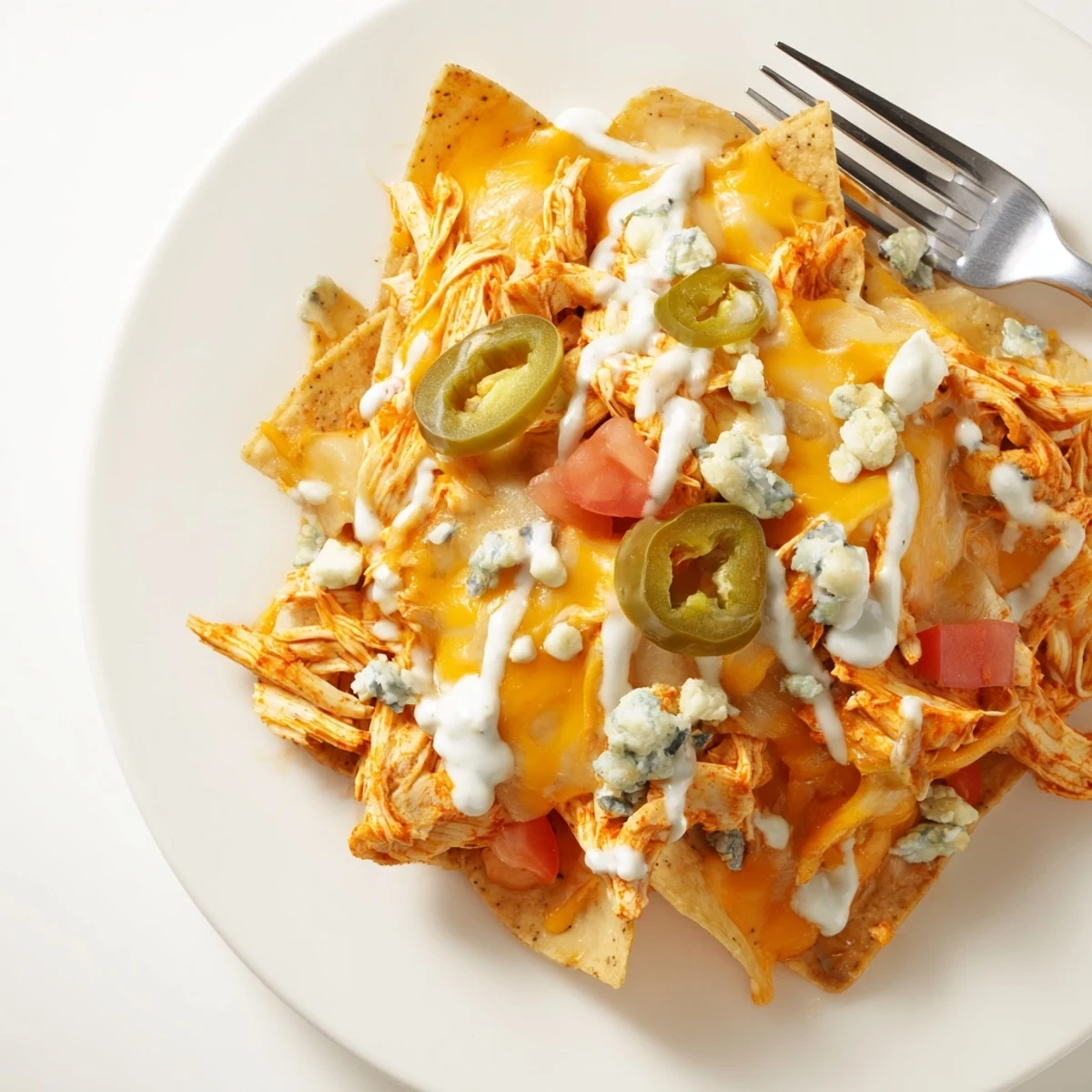 Fresh-from-oven Buffalo Chicken Nachos with melted cheese, steaming and ready for game day