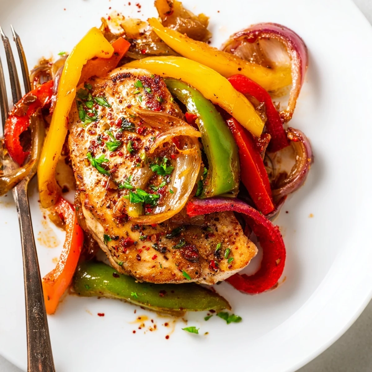 One Pan Chicken And Peppers sizzling with roasted peppers and golden seared chicken