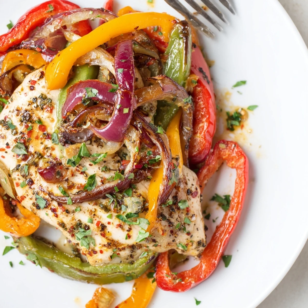 Juicy seared breasts and caramelized peppers in One Pan Chicken And Peppers