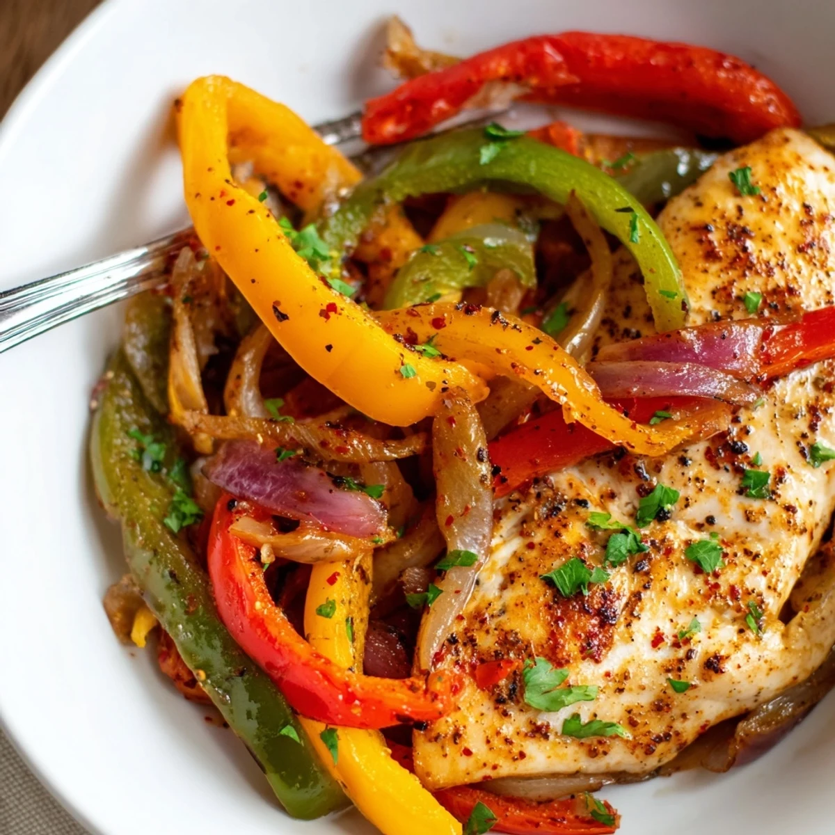 One Pan Chicken And Peppers roasted in skillet, tender chicken with bright peppers