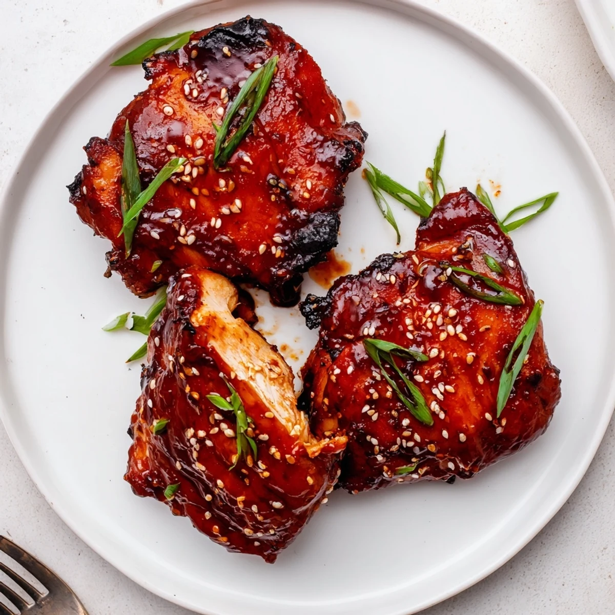 Sizzling Juicy Korean Chicken Thighs straight from the grill, green onions sprinkled