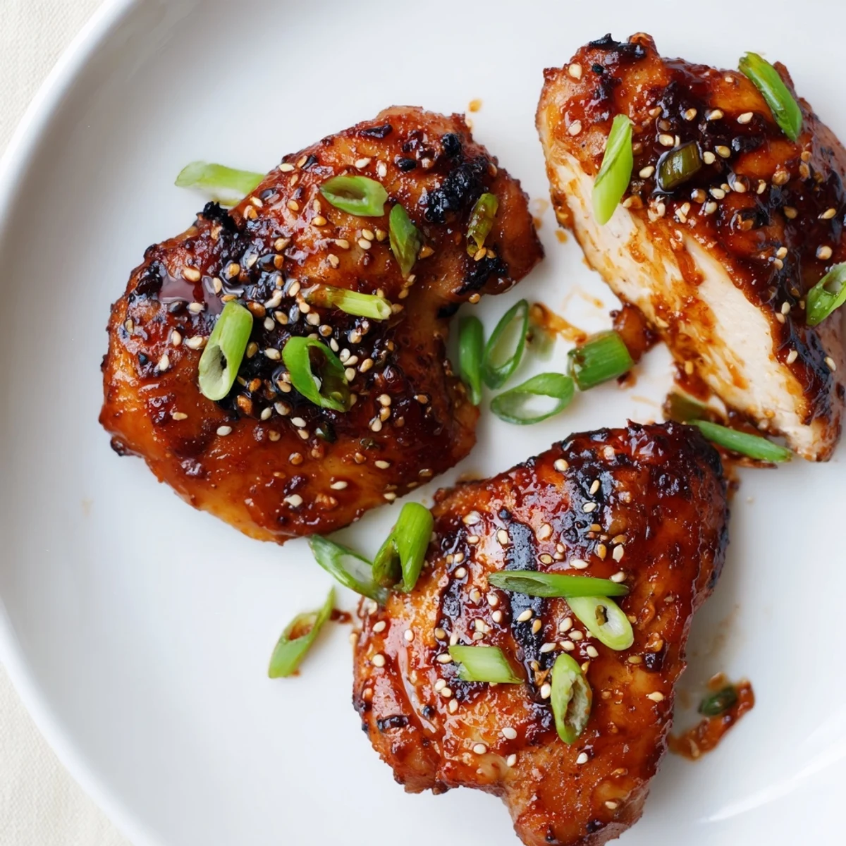 Glazed Juicy Korean Chicken Thighs on platter, caramelized edges and sesame garnish